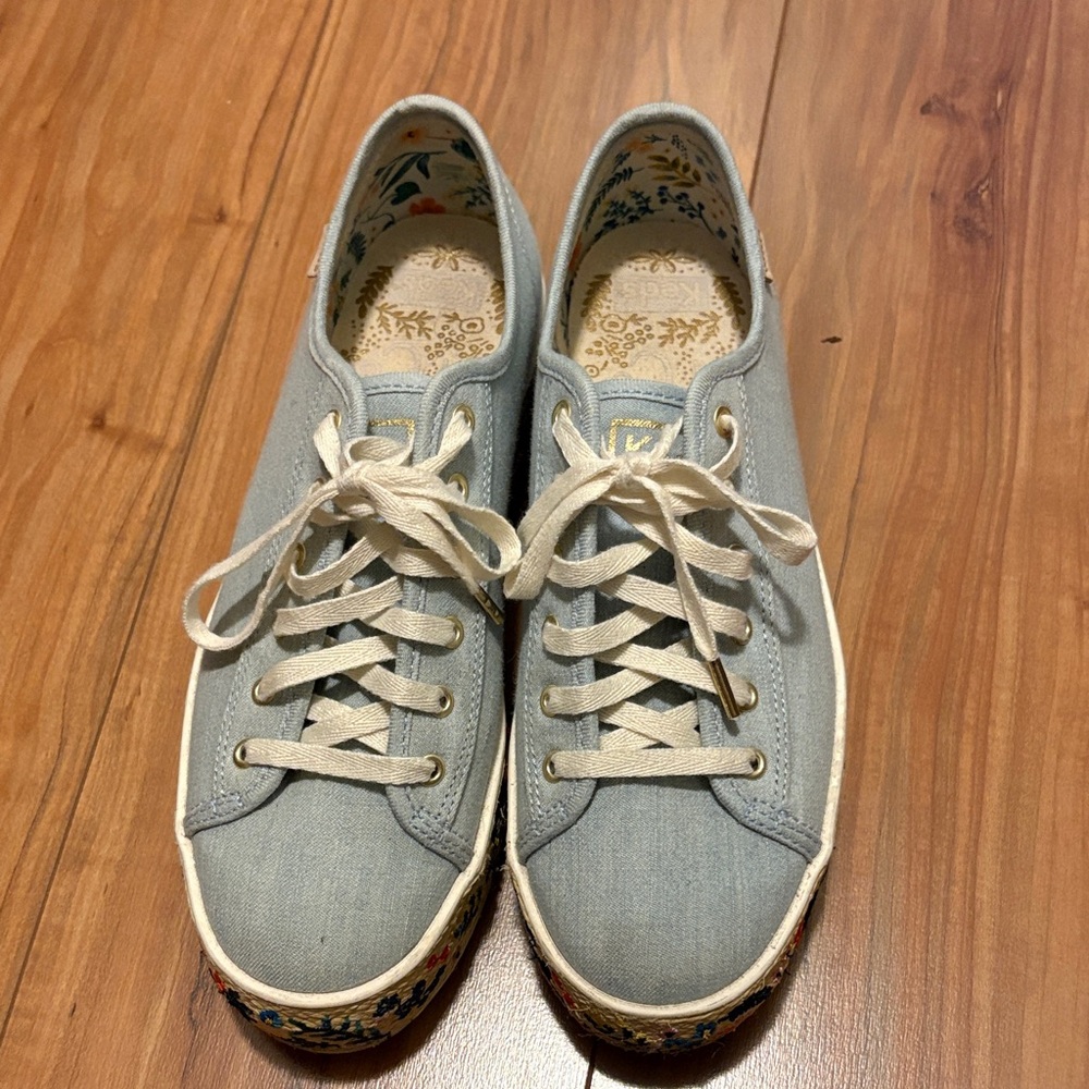 Keds x Rifle Paper Embroidered Denim Blue Platform Sneakers